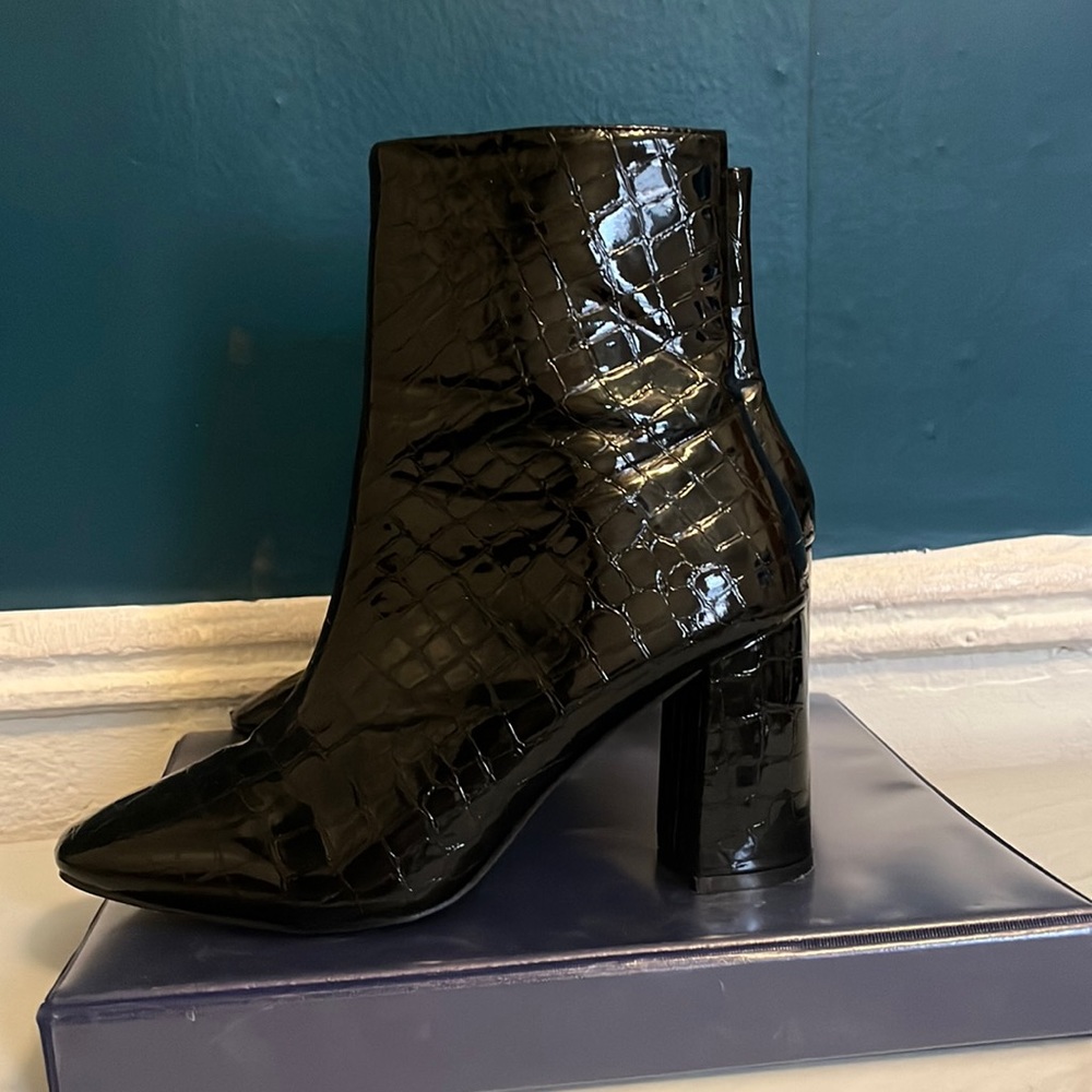 Black Faux Crocodile Leather Ankle Boots